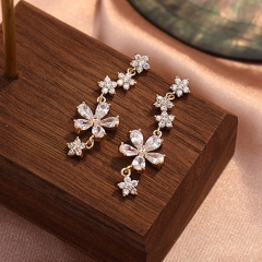 925 Silver Needle 5 Small Flowers Long Tassel Imitation Pearl Cubic Zirconia Copper Earrings (size 1.7*.8cm) 14K Gold