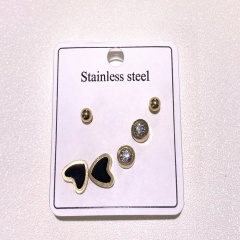 3pairs/set Geometric cutouts enamel inlay rhinestone stud earrings set A