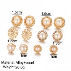 6pairs/set Flower imitation pearl and rhinestone combination earring set gold