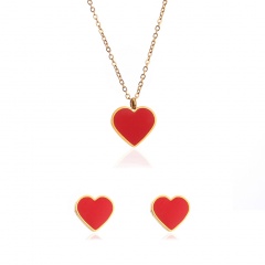 Enamel Red Small Love Heart Titanium Steel Stud Earrings Necklace Set (Chain length: 44cm, pendant: 1.5*1.7cm, earrings: 1*1cm) red