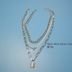 Lock Moon Multilayer Chain Necklace (Size: 27~42+5cm) silver
