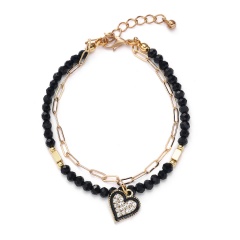 Geometry inlaid rhinestone pendant crystal beaded chain double bracelet (chain length 17+3cm) love heart