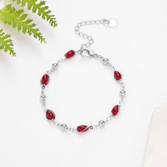Geometric oval gemstone round bead chain bracelet (size 0.8*15+5cm) red