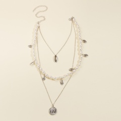 Shell imitation pearl coin head embossed pendant multi-layer necklace (Size: 38~52+5cm) silver