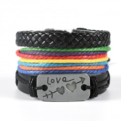 3pcs/set love rainbow brown wooden beads retro woven leather adjustable bracelet set B