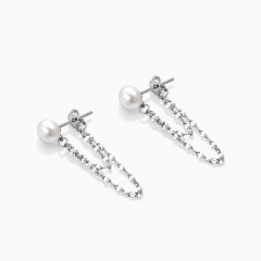 Double chain imitation pearl tassel copper stud earrings (Earring length: 2.5cm) platinum