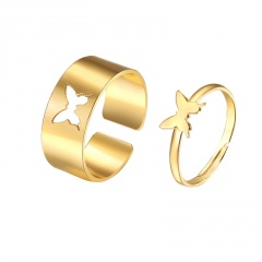 Acrylic Copper butterfly hollow opening couple ring set 2pcs/set gold