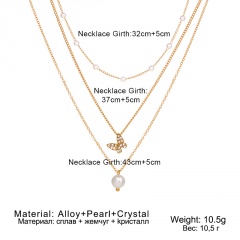 Butterfly rhinestone imitation pearl multilayer necklace (Chain length: 32/37/43+5cm) 3 layers