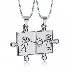 2pcs/set Boy girl couple stainless steel pendant splicing cube puzzle necklace (Pendant size: 4.5*2.5cm, chain length: 60cm) steel color