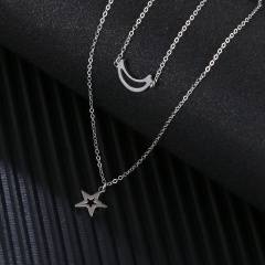 Moon Star Pendant Double Stainless Steel Necklace (chain length 38/45cm) steel color