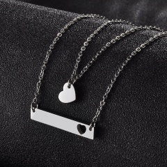 Mirror stainless steel hollow heart long double necklace (chain length 40+5cm) steel color