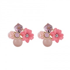 925 Silver Needle Metal Alloy Shell Rose Flower Crystal Stud Earrings Pink