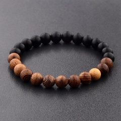 Mixed two-color wooden bead elastic adjustable bracelet (bead: 8mm, chain length: 19cm) Black matte stone