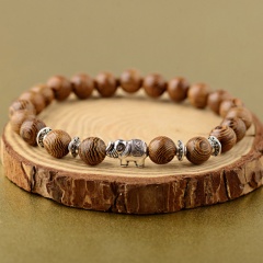 Textured Wooden Bead Metal Pendant Elastic Bracelet (Bead: 8mm, Chain Length: 19cm) Elephant
