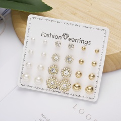 12 Pairs/set Mixed Love Flower Alloy Rhinestone Pearl Stud Earring Set (Size: 5-13mm) A