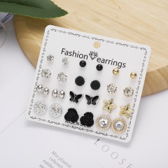 12 Pairs/set Mixed Black Butterfly Rhinestone Pearl Combination Card Stud Earring Set(Earring Size: 5-13mm) A