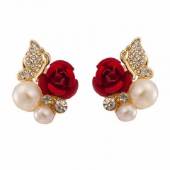 Red Rose Flower Pearl Rhinestone Stud Earrings A