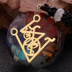 Round Geometric Yoga Symbol Color Seven Chakra Epoxy Natural Stone Gravel Pendant Long Sweater Chain Necklace Style 1