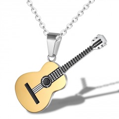 Guitar Pendant Men Women Hip Hop Stainless Steel Necklace(Pendant size: 5*1.9cm, chain length: 50cm) Gold