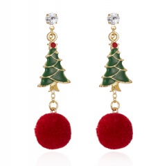 Diamond Christmas Cane Plush Ball Pendant Stud Earrings Red christmas tree