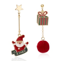 Christmas Snowman Star Gift Irregular Plush Ball Tassel Asymmetrical Stud Earrings Gift box santa claus
