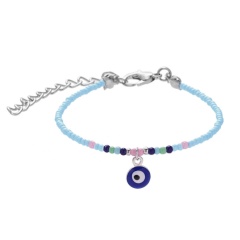 Mixed color rice beads and blue eyes alloy bracelet (eyes: 0.7cm, circumference: 16+6cm/material: alloy + rice beads + resin) Light blue