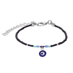 Mixed color rice beads and blue eyes alloy bracelet (eyes: 0.7cm, circumference: 16+6cm/material: alloy + rice beads + resin) black