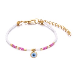 Mixed color rice beads and blue eyes alloy bracelet (eyes: 0.7cm, circumference: 16+6cm/material: alloy + rice beads + resin) White pink