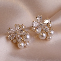 Inlay CZ With Imitation Pearl Stud Earrings Silver Needle Gold
