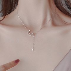 White Gold Moon Hollow Five-pointed Star Pulling Tassel Hollow Clavicle Chain Pulling Adjustable Necklace White Gold