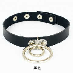 Punk PU leather double circle pendant  40cm Adjustable necklace card neck Black