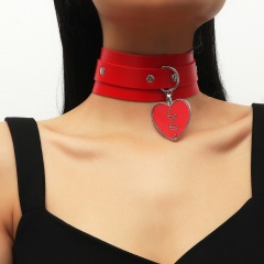 Punk Gothic PU Leather Lightning Heart Pendant Collar Clavicle Chain Necklace red