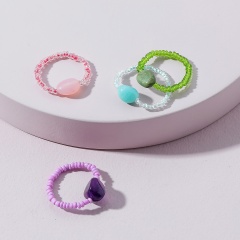 Rice beads beaded crystal ring 4-piece set(Size: 1.8cm adjustable elastic rope) colors