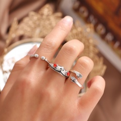 3 pieces of frog palm hug geometric opening adjustable retro joint ring set Ancient silver