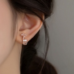 Christmas elk inlaid zirconium earrings earrings (material: copper + zirconium / size: 1.6*0.8cm) Rose gold