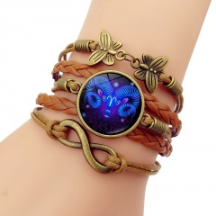12 Constellation Time Gem Hand Ancient Multilayer Brown PU Woven Bracelet Aries