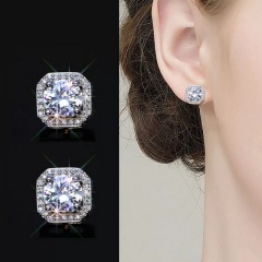 Square geometric zircon ear stud earrings (material: copper + zircon / size: 0.8cm) White Gold