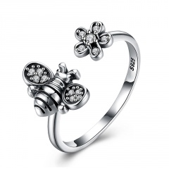 Bee Flower Small Flower Retro Animal Opening Adjustable Ring Silver