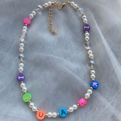 Soft ceramic pearl letter crystal beaded elastic bracelet (material: soft ceramic / size: 38+7cm) Necklace