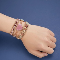 Love leather natural stone crystal metal 3-strand winding bracelet (material: semi-precious stones / size: chain length 50-56cm, love 2.5cm) Pink
