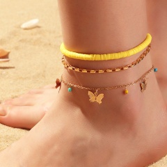 Butterfly Rice Bead Anklet (Material: Alloy + Clay / Size: 20cm) Golden