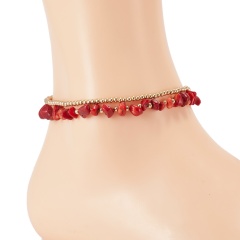 Double layer retro bell hand-woven natural gravel beaded anklet (material: natural stone / size: 25cm) Red