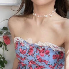 French retro fashion rose flower fish line pearl diamond clavicle chain necklace (material: alloy + imitation pearl / size: 30+7cm) Love
