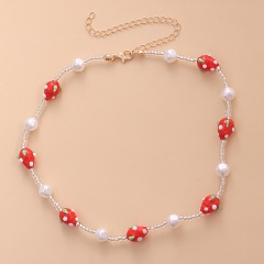 Short Strawberry Rice Beads Jane Card Necklace (Material: Rice Beads/Size: 35+11cm) Golden