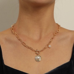 Diamond Pearl Pendant Necklace, Rudder Ring Clasp, Eyelet Chain (Material: Alloy + Imitation Pearl/Size: 48cm) Golden