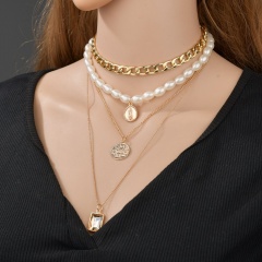 Vintage coins and gems multilayer pearl necklace sweater chain (material: alloy + imitation pearls / size: 32, 35, 56, 74cm) Golden