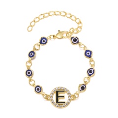 26 Letter Rhinestone Blue Eye Alloy Adjustable Bracelet (Eyes: 0.7cm, Pendant: 1.5cm, Circumference: 16+6cm/Material: Alloy + Rhinestone + Resin) E