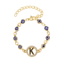 26 Letter Rhinestone Blue Eye Alloy Adjustable Bracelet (Eyes: 0.7cm, Pendant: 1.5cm, Circumference: 16+6cm/Material: Alloy + Rhinestone + Resin) K