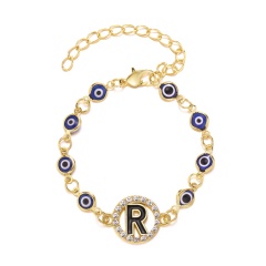26 Letter Rhinestone Blue Eye Alloy Adjustable Bracelet (Eyes: 0.7cm, Pendant: 1.5cm, Circumference: 16+6cm/Material: Alloy + Rhinestone + Resin) R
