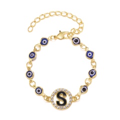 26 Letter Rhinestone Blue Eye Alloy Adjustable Bracelet (Eyes: 0.7cm, Pendant: 1.5cm, Circumference: 16+6cm/Material: Alloy + Rhinestone + Resin) S